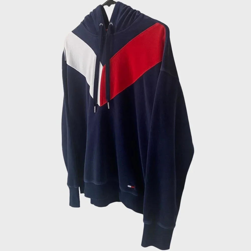 Y2K Tommy Hilfiger Sport Velour Chevron Hoodie Sweatshirt Blue Women's Medium - Picture 2 of 13